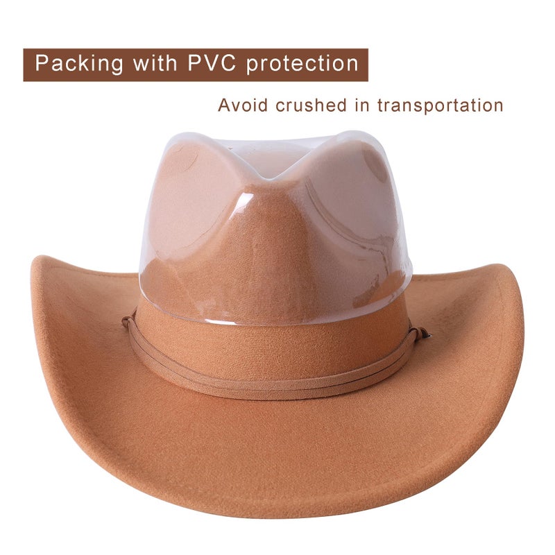 Lanzom Women Men Retro Felt Wide Brim Western Cowboy Cowgirl Hat Dress Up Hat with Wind Lanyard (Beige,Medium-Large) - Image 5