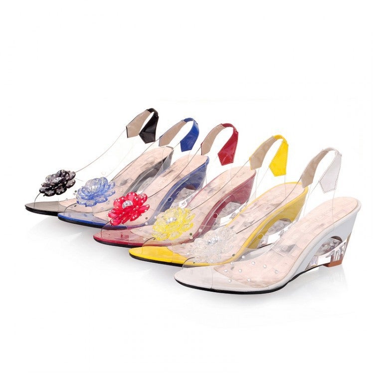 Generation Bohemian Transparent Crystal Rhinestone Flower Wedge Size Peep Toe Sandals 602 Women'S Shoes - Image 2