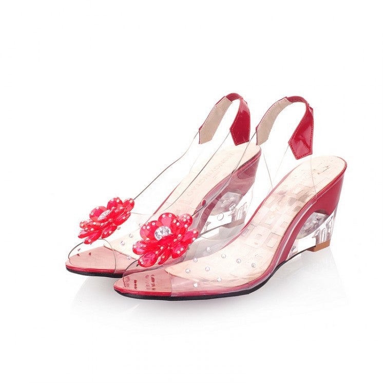 Generation Bohemian Transparent Crystal Rhinestone Flower Wedge Size Peep Toe Sandals 602 Women'S Shoes - Image 1