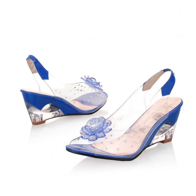 Generation Bohemian Transparent Crystal Rhinestone Flower Wedge Size Peep Toe Sandals 602 Women'S Shoes - Image 3