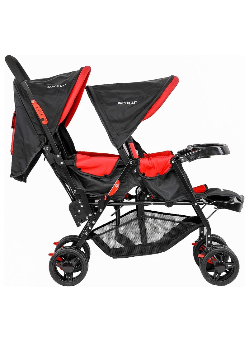 BABY PLUS - Double Adjustable Canopy Twin Baby Folding Stroller With Smooth Rolling Wheels And Safety Harness - Image 1