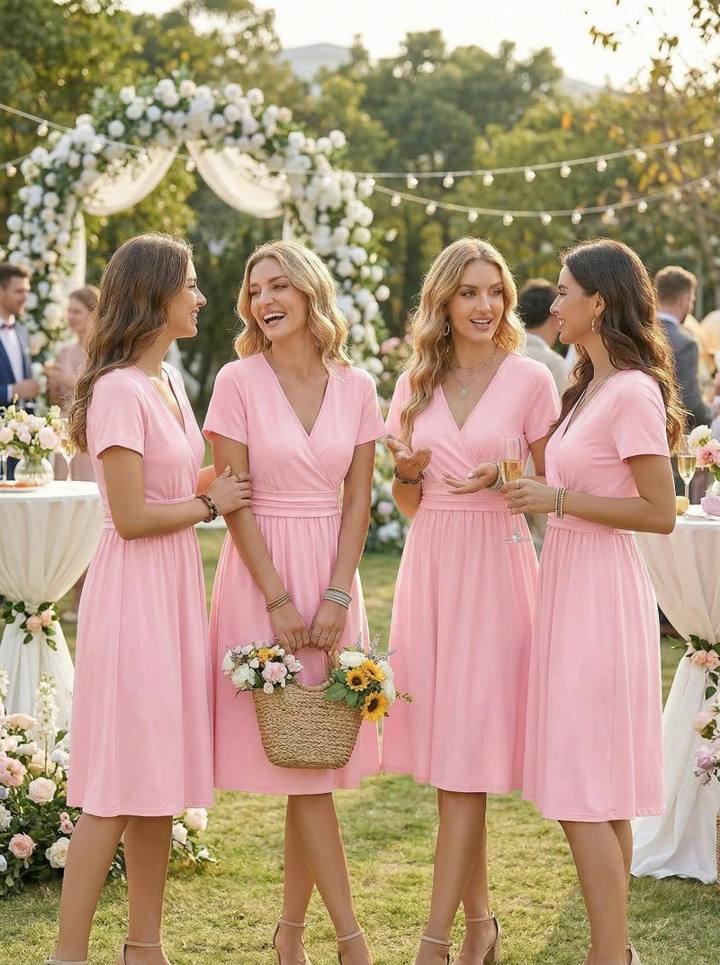 OUGES Summer Dress with Pockets Casual Lightweight Flowy Midi Sundress Work Church Wedding Guest Dresses(Pink,M) - Image 5