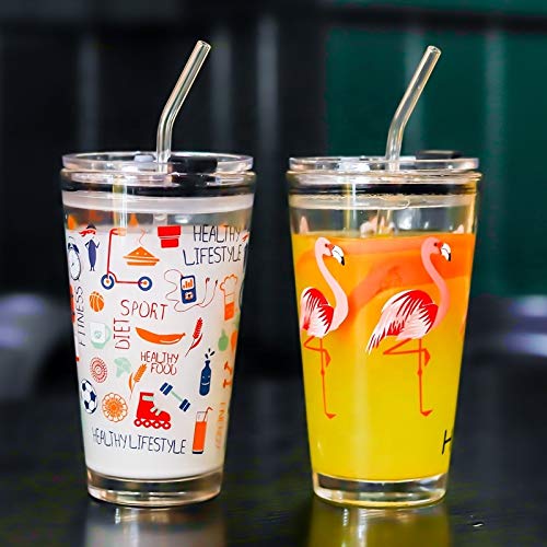 KHOLAD Drinking Glass Measuring MugCup with Silicone Straw and Lid Cartoon PatternCreative Multipurpose Drink for MilkCoffeeJuiceSmoothies Set of 2 400 ml - Image 1