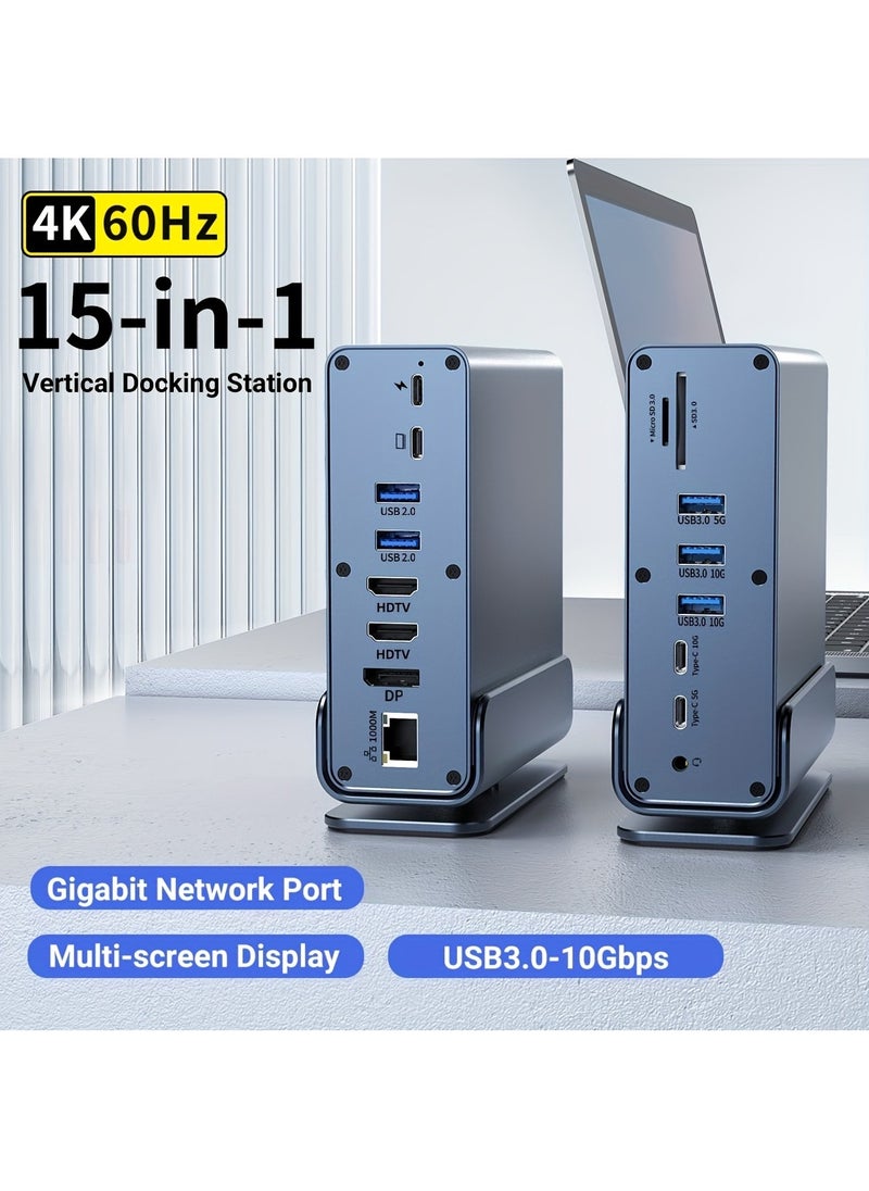 LAESO 15 In 1 USB-C Docking Station, Type C Hub, Multi-Port Vertical Laptop Hub With Removable Base Support RJ45 1000M, USB 3.0/2.0, PD 100W Fast Charging, Audio 3.5mm, SD/TF for Laptop Tablet Smartphone  - Image 1