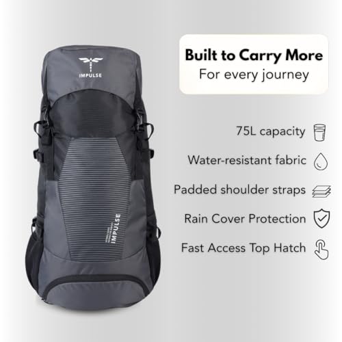 Impulse Urban Trek 75L Travel Bag with Rain Cover|Water Resistant|Padded Adjustable Shoulder Straps & Waist Belt | Ideal for Hiking, Camping & Travel Rucksack Backpack- Black |1 Year Warranty - Image 3