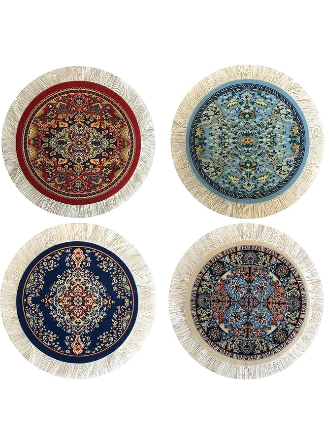 The Bros Carpet Coasters, Set of 4 Turkish Rug Style Table Drink mats, Absorbent Kitchen and Dining Accessories, Spill & drip Protection, Round - Image 1
