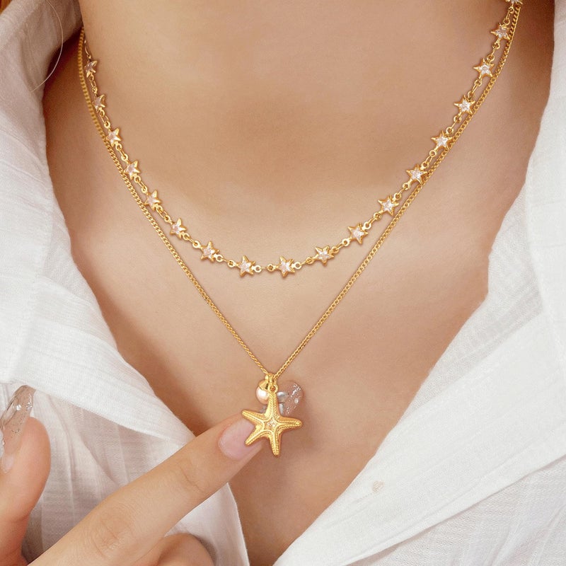 MTMY Beaded Necklaces for Women 14K Gold Plated Dainty Colorful Green/Rose Beaded Pearl Choker Necklace Delicate Boho Jewelry Gift (Star chain) - Image 4
