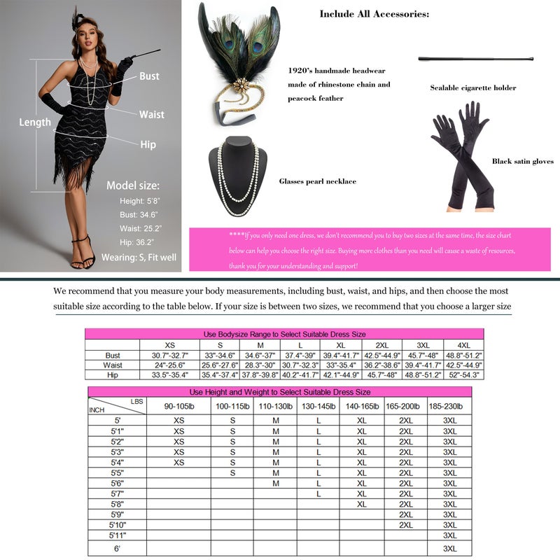 Pixiemain Women's 1920s Flapper Sequin Dress for Great Gatsby Theme Party Dress With Roaring 20s Accessories Set for Party Black S - Image 5