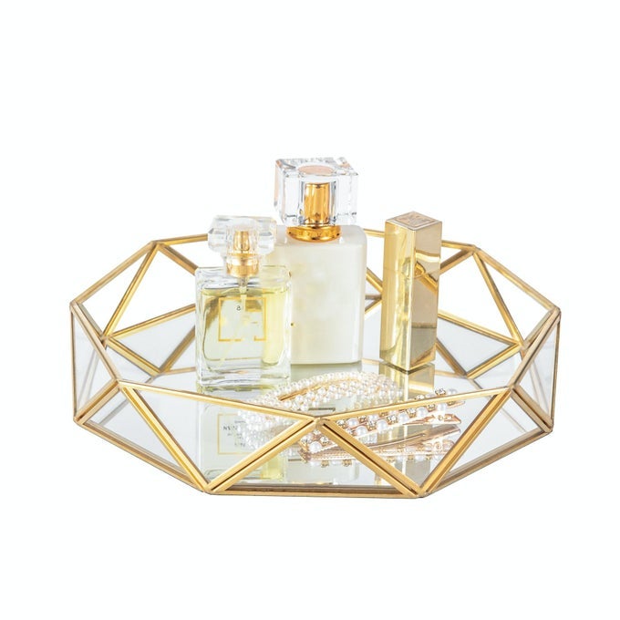 GOLD GLASS PERFUME TRAY MIRROR VANITY JEWELRY TRINKET ORGANIZER TRAY ORNATE COSMETIC MAKEUP DISPLAY DECORATIVE COFFEE TABLE TRAY FOR WEDDING HOME DECOR DRESSER TABLETOP COUNTERTOP 95INCH