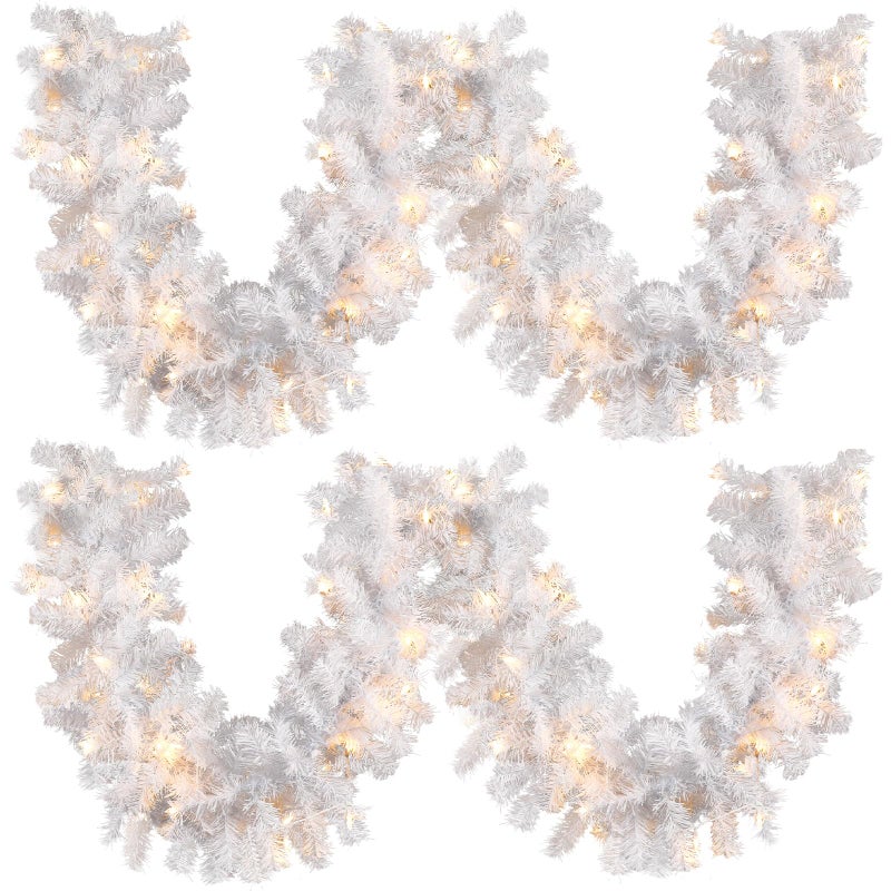 Hotop 9 ft Faux Spruce Artificial Christmas Garland LED Garland Warm Pine Prelit Battery Operated Lighted Garland for Seasonal Indoor Home Fireplace Mantle Tree Stair Decor 2 PcsWhite