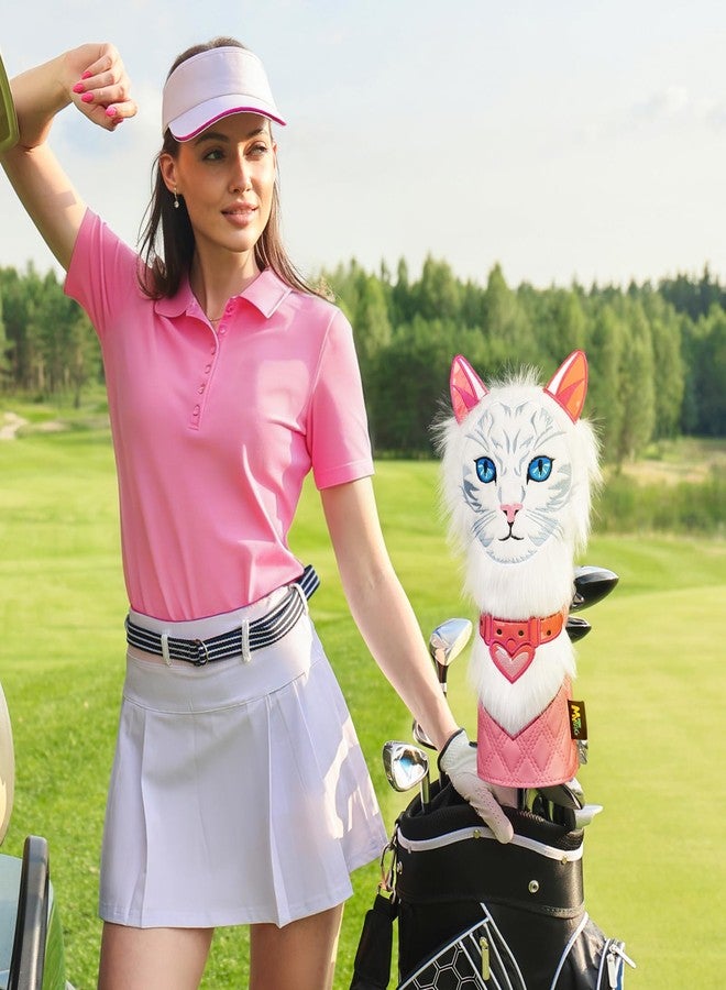mytag Cat Driver Headcover Funny, Golf Driver Head Cover for Women Girls White Fur Blue Eyes Pink Quilted Leather - Image 3