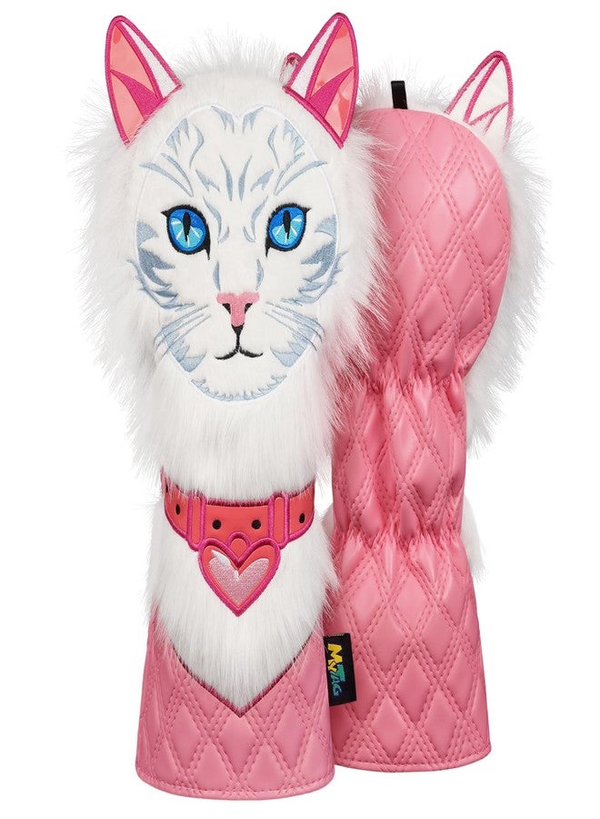 mytag Cat Driver Headcover Funny, Golf Driver Head Cover for Women Girls White Fur Blue Eyes Pink Quilted Leather - Image 1