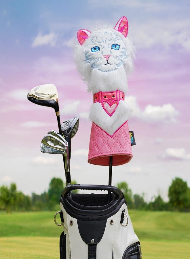 mytag Cat Driver Headcover Funny, Golf Driver Head Cover for Women Girls White Fur Blue Eyes Pink Quilted Leather - Image 2