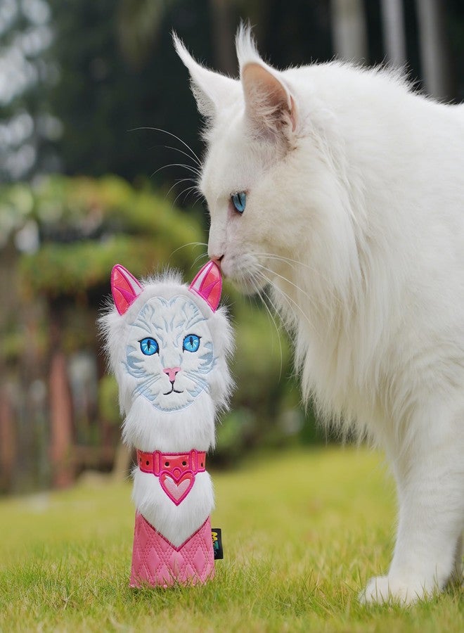 mytag Cat Driver Headcover Funny, Golf Driver Head Cover for Women Girls White Fur Blue Eyes Pink Quilted Leather - Image 4