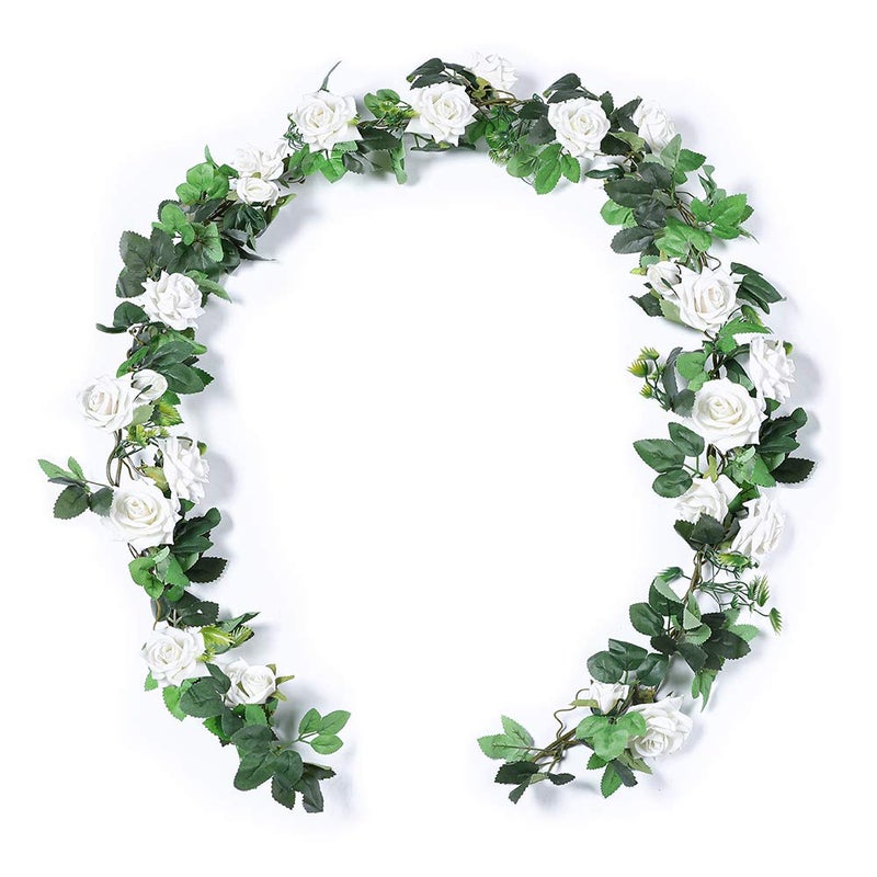Floweroyal 2pcs Artificial Rose Vines 5.5ft Velvet Flowers for Garland Hanging and Wedding Decor (White). - Image 1