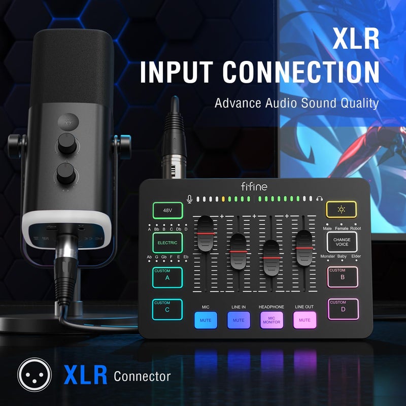 FIFINE Gaming Audio Mixer with XLR Microphone Interface, DJ PC RGB Mixer with Volume Fader, Individual Control, Mute and Monitoring, 48V Phantom Power, for Streaming/Podcast/Content Creation-SC3 - Image 2