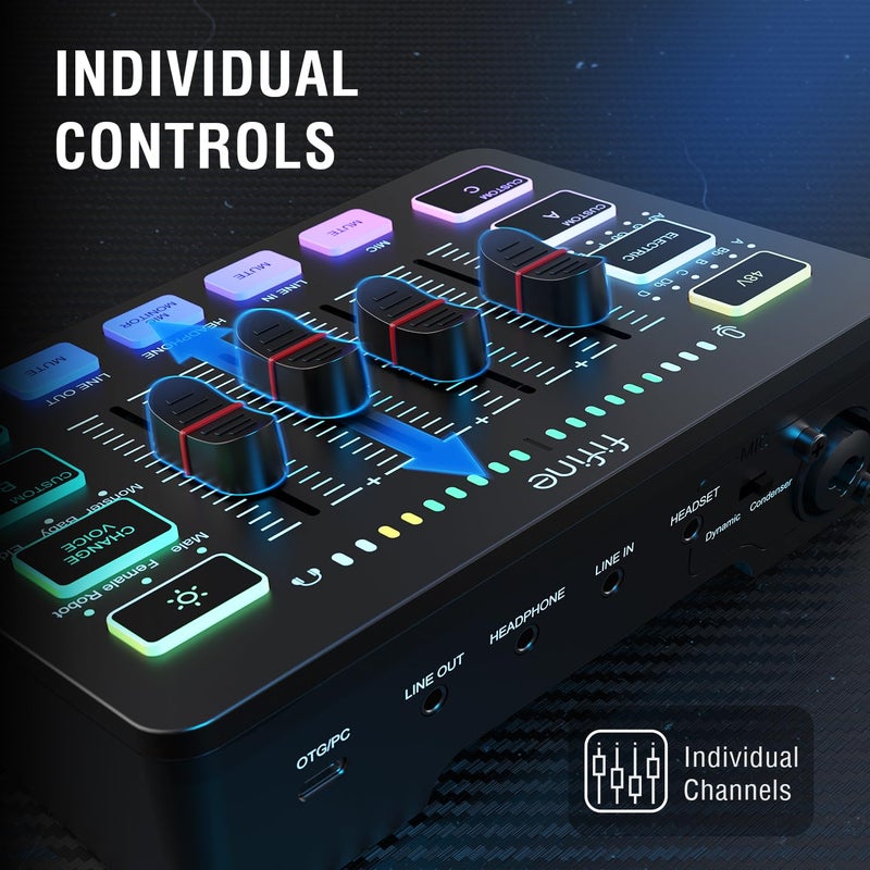 FIFINE Gaming Audio Mixer with XLR Microphone Interface, DJ PC RGB Mixer with Volume Fader, Individual Control, Mute and Monitoring, 48V Phantom Power, for Streaming/Podcast/Content Creation-SC3 - Image 3