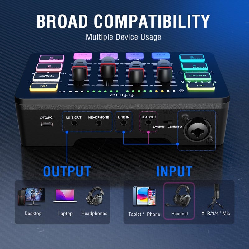 FIFINE Gaming Audio Mixer with XLR Microphone Interface, DJ PC RGB Mixer with Volume Fader, Individual Control, Mute and Monitoring, 48V Phantom Power, for Streaming/Podcast/Content Creation-SC3 - Image 4