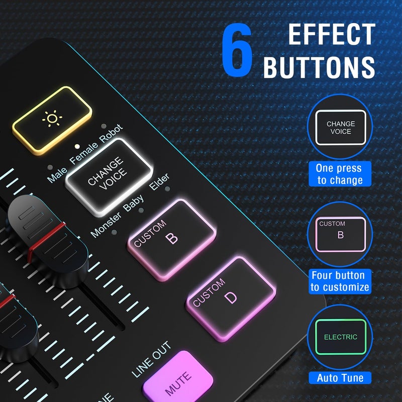 FIFINE Gaming Audio Mixer with XLR Microphone Interface, DJ PC RGB Mixer with Volume Fader, Individual Control, Mute and Monitoring, 48V Phantom Power, for Streaming/Podcast/Content Creation-SC3 - Image 5