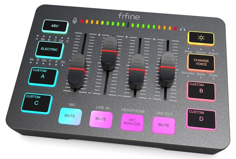 FIFINE Gaming Audio Mixer with XLR Microphone Interface, DJ PC RGB Mixer with Volume Fader, Individual Control, Mute and Monitoring, 48V Phantom Power, for Streaming/Podcast/Content Creation-SC3 - Image 1