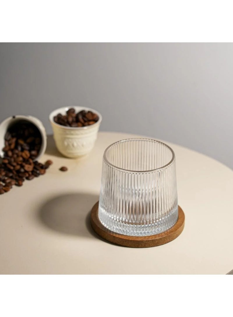 100% كوب زجاجي مخطط، كوب قهوة مع قاعدة خشبية