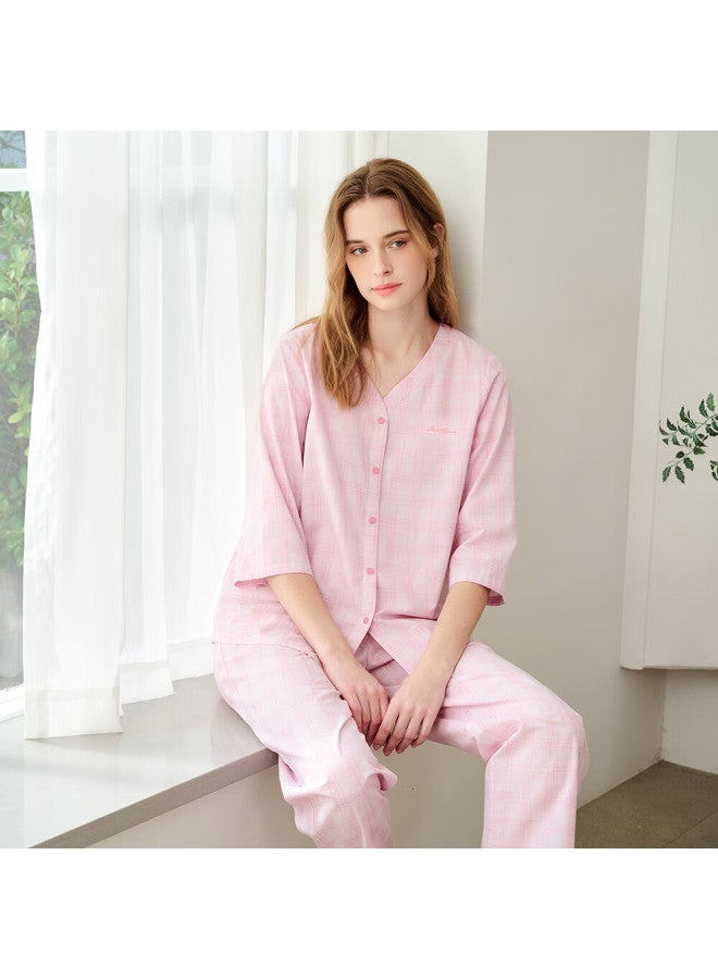 Meibiao New Loungewear Lyocell Lightweight 3/4 Sleeve Long Pants Woven Cotton Women's Pajamas Strawberry Ice Cream M - Image 1