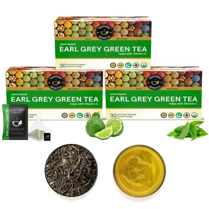 Teacurry Earl Grey Green Tea - English Breakfast with Natural Bergamot | Premium Green Tea Leaves for weight management & Digestive Health ((3 Month Pack, 90 Tea Bags)) - Image 1