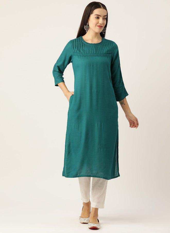 Rue Collection Solid Green Liva Straight Kurta for Women - Image 1