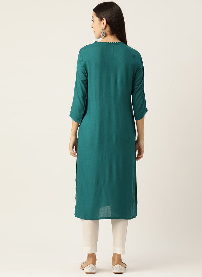 Rue Collection Solid Green Liva Straight Kurta for Women - Image 4