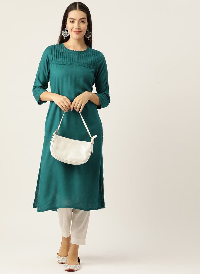 Rue Collection Solid Green Liva Straight Kurta for Women - Image 5