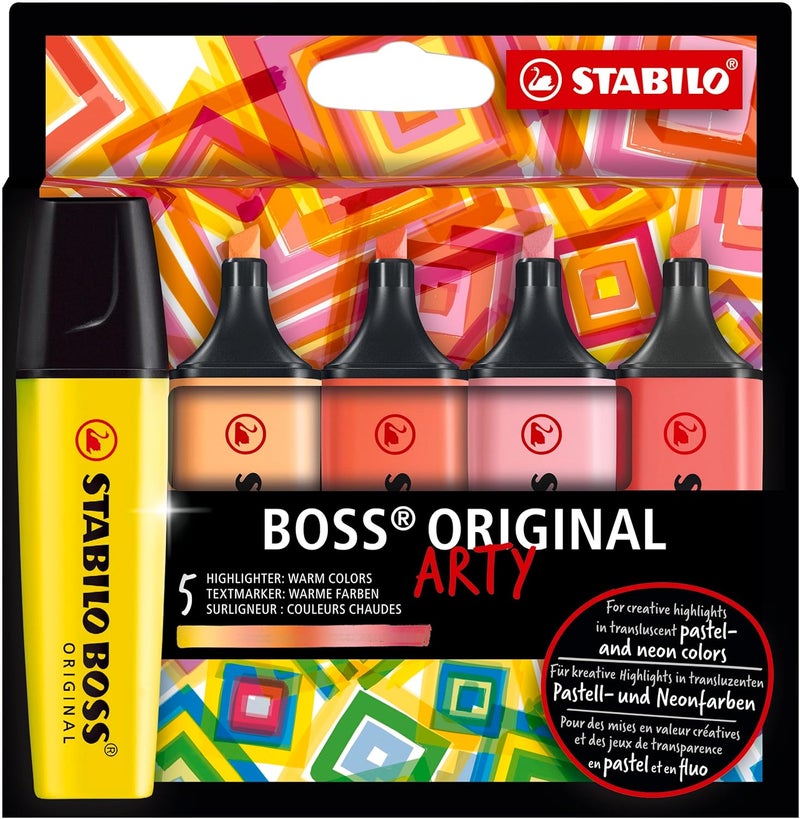 STABILO Highlighter BOSS ORIGINAL  ARTY  Pack of 5  Warm Colors Chisel Tip AntiDry Out Technology - Image 1