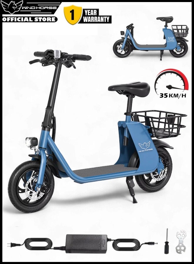 Wind Horse Premium Foldable Electric Scooter with Seat and Rear Basket, 450W Motor, 36V 8AH Battery, 25-35 KM/h Speed, Carbon Alloy Frame, 12.5 Inches Tires, Disk Brakes, Unisex Comfortable E-Scooter for Adults  - Image 1