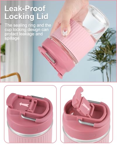 Sivaphe Reusable Glass Ice Hot Coffee Cup 16 oz, Portable Travel Mug with Spill-Proof Lid and Thermal Sleeve for Home Office Pink - Image 3