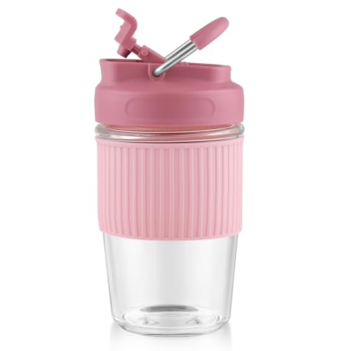 Sivaphe Reusable Glass Ice Hot Coffee Cup 16 oz, Portable Travel Mug with Spill-Proof Lid and Thermal Sleeve for Home Office Pink - Image 1