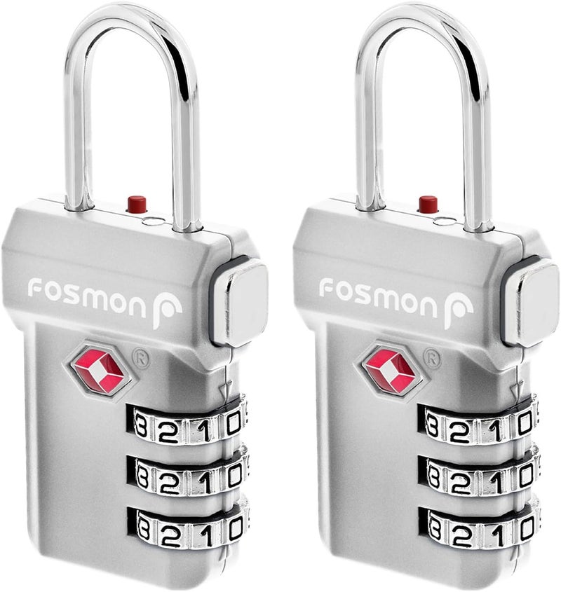 Fosmon TSA Approved Luggage Locks, Suitcase Travel Lock with Push Release Button for Extra Security, 3 Digit Combination Padlock for Gym Locker, Backpack Zipper Anti Theft, Gun Case - Silver, 2 Pack - Image 1