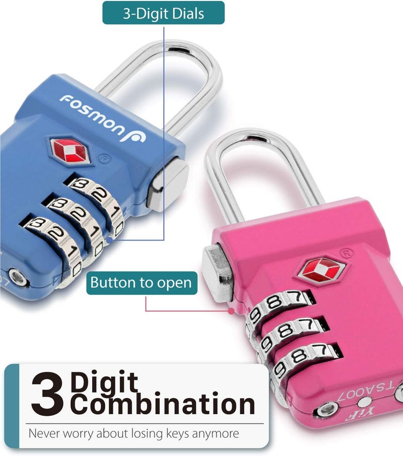 Fosmon TSA Approved Luggage Locks, Suitcase Travel Lock with Push Release Button for Extra Security, 3 Digit Combination Padlock for Gym Locker, Backpack Zipper Anti Theft, Gun Case - Silver, 2 Pack - Image 3