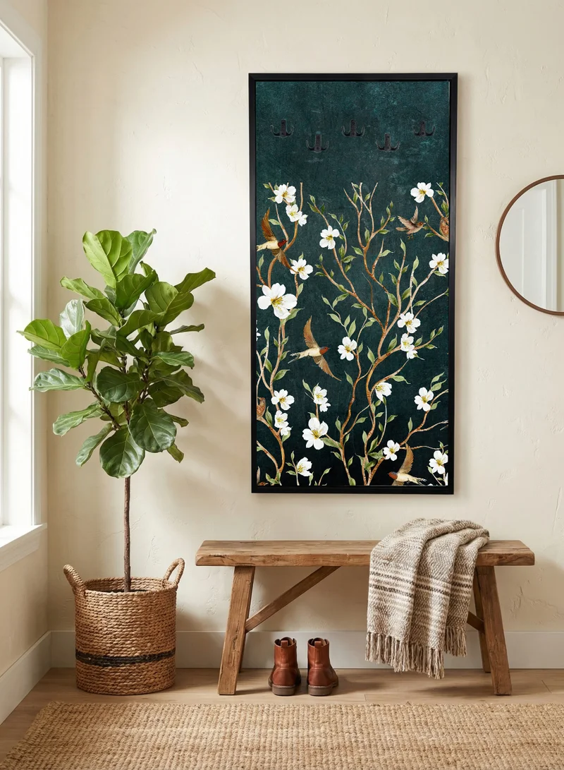 LOWHA Coat Rack Embedded in Floral Design Canvas Wall Art Stretched Over Wooden Frame with Black Floating Frame