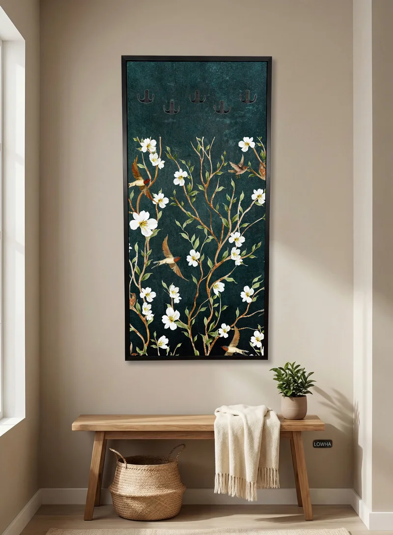 LOWHA Coat Rack Embedded in Floral Design Canvas Wall Art Stretched Over Wooden Frame with Black Floating Frame