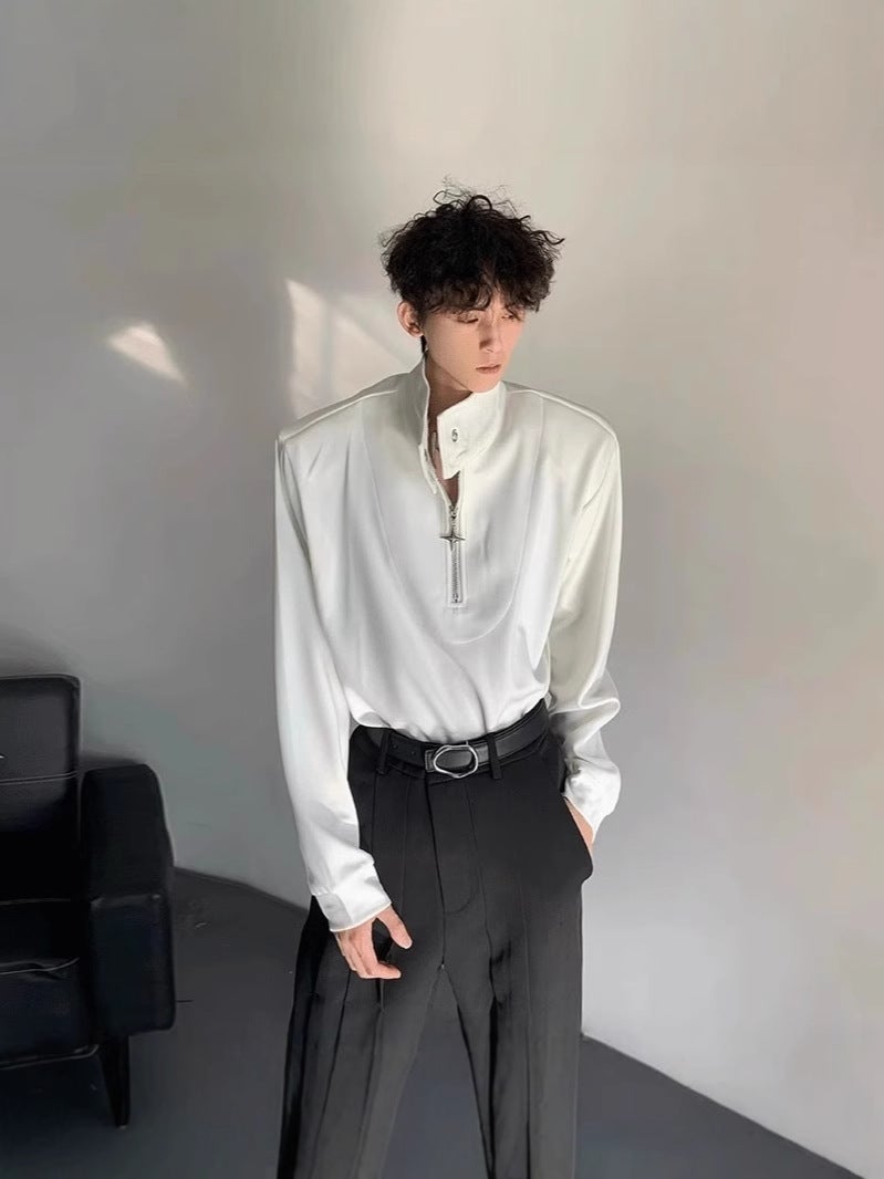 High Collar Shoulder Pad Long-Sleeved T-Shirt Men'S High-End Feeling Flaty Handsome Warm Casual Loose Inner Base Shirt - Image 1