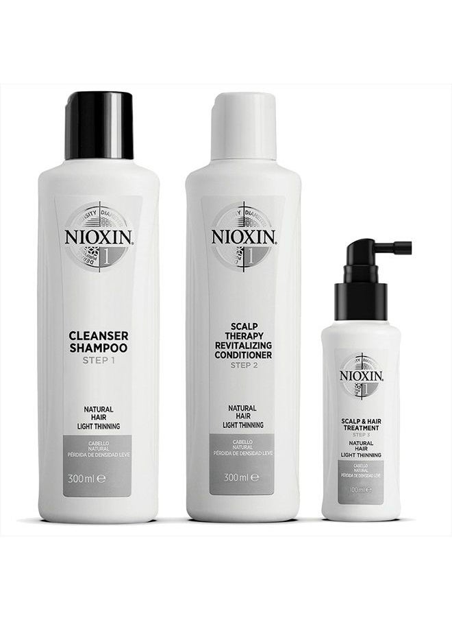 Nioxin مجموعة النظام 1، علاج لتقوية الشعر وتكثيفه، يعالج ويرطب فروة الرأس الحساسة أو الجافة، يقلل من تكسر الشعر، للشعر الطبيعي الذي يعاني من تساقط الشعر الخفيف، الحجم الكامل (إمدادات تكفي لمدة 3 أشهر)  - Image 1