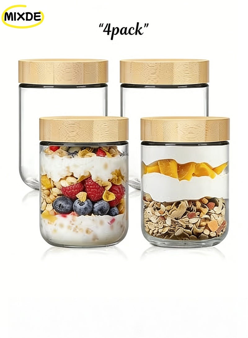 MIXDE 4 Pack 16oz Glass Jars with Airtight Lids, Overnight Oats Containers with Bamboo Lids, Wide Mouth Mason Salad Jars, Glass Food Storage Containers for Snacks Yogurt Spice Sugar - Image 1