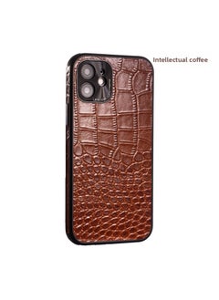 For Iphone 13Pro Genuine Leather Phone Case For Iphone 12 Up-and-Down Pattern XSMax678P Drop-Resistant Protective Leather Case-Color:Intellectual Coffee-border Skin-Applicable Model:For Iphone11 Pro