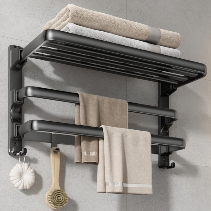 24INCH TOWEL RACKBATHROOM TOWEL SHELF WITH 2 TOWEL BAR FOLDABLE TOWEL HOLDER WITH 7 HOOKS TOWEL STORAGE ORGANIZER FOR BATHROOM LAVATORY WALL MOUNTED MATTE BLACK