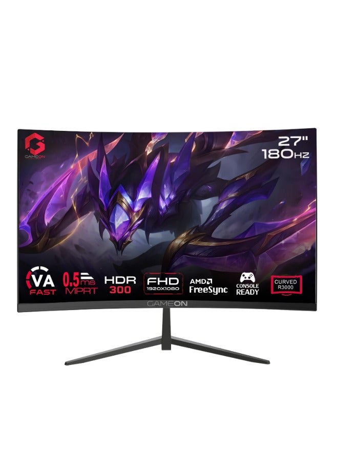 GAMEON 27" Inch Curved Gaming Monitor (1920x1080) FHD VA Panel, 180Hz Refresh Rate, 0.5ms MPRT Response Time, HDMI 2.1, Tilt Angle Adjustable - GOC27F180VA | Black - Image 1