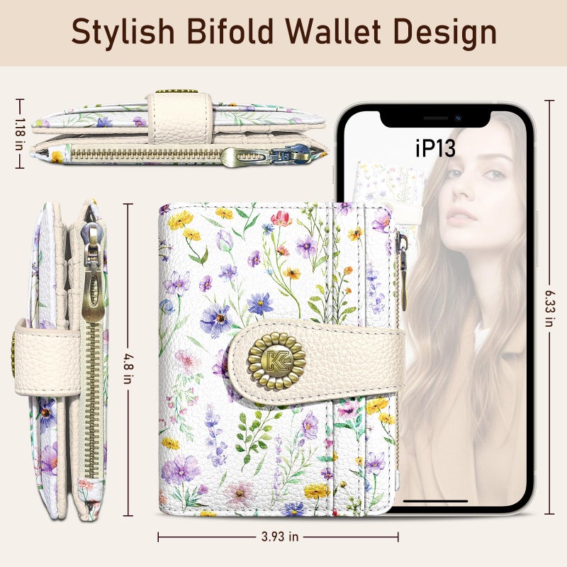 Kelvoris Flowers Floral Small Rfid Women Wallet Bifold Zipper Coin Pocket PU Leather Compact Cash Credit Card Holder Travel Wallet for Female Ladies Teen Girls 1 ID Window 10 Card Slots - Image 5