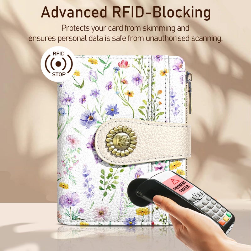 Kelvoris Flowers Floral Small Rfid Women Wallet Bifold Zipper Coin Pocket PU Leather Compact Cash Credit Card Holder Travel Wallet for Female Ladies Teen Girls 1 ID Window 10 Card Slots - Image 3