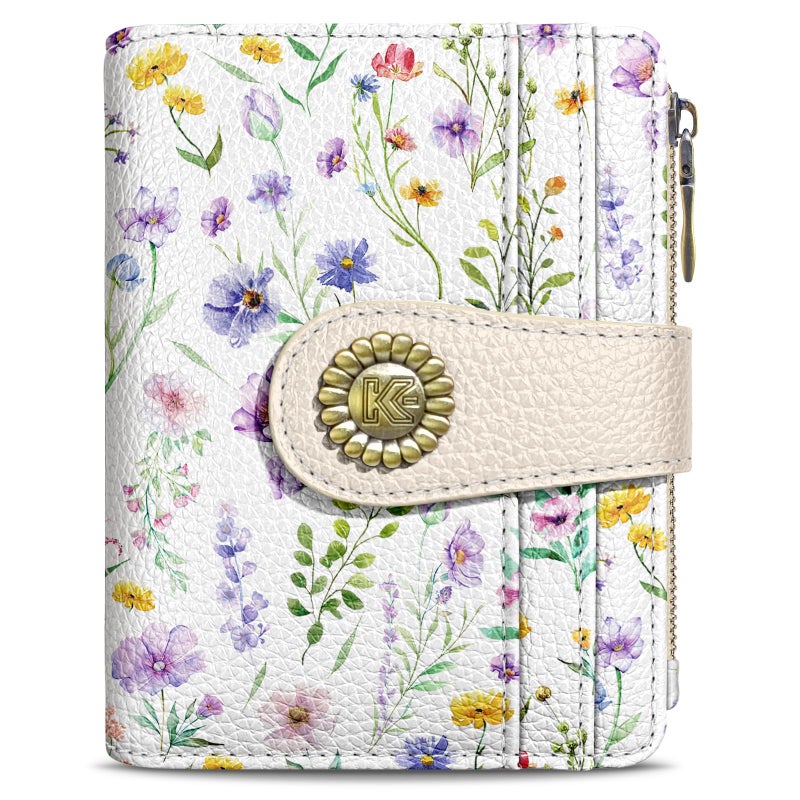 Kelvoris Flowers Floral Small Rfid Women Wallet Bifold Zipper Coin Pocket PU Leather Compact Cash Credit Card Holder Travel Wallet for Female Ladies Teen Girls 1 ID Window 10 Card Slots - Image 1