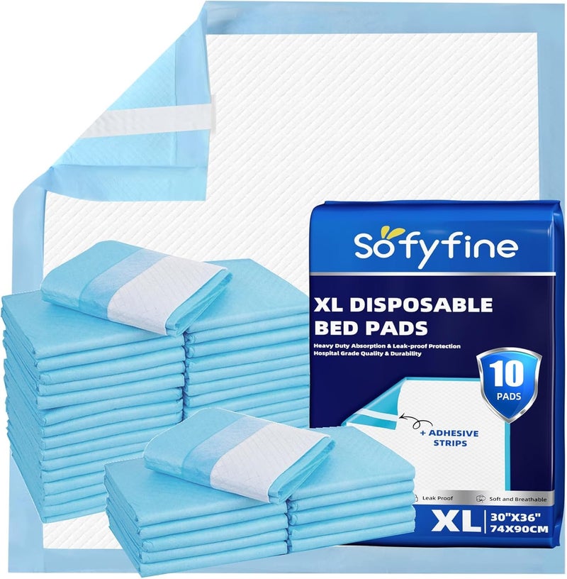 SOFYFINE Disposable Bed Pads with Adhesive Strips 30 x 36 in (10 Count), Extra Large Thicken Adults Incontinence Underpads, Heavy Duty Absorbent Chucks, XL Puppy Training Pee Pads - Image 1