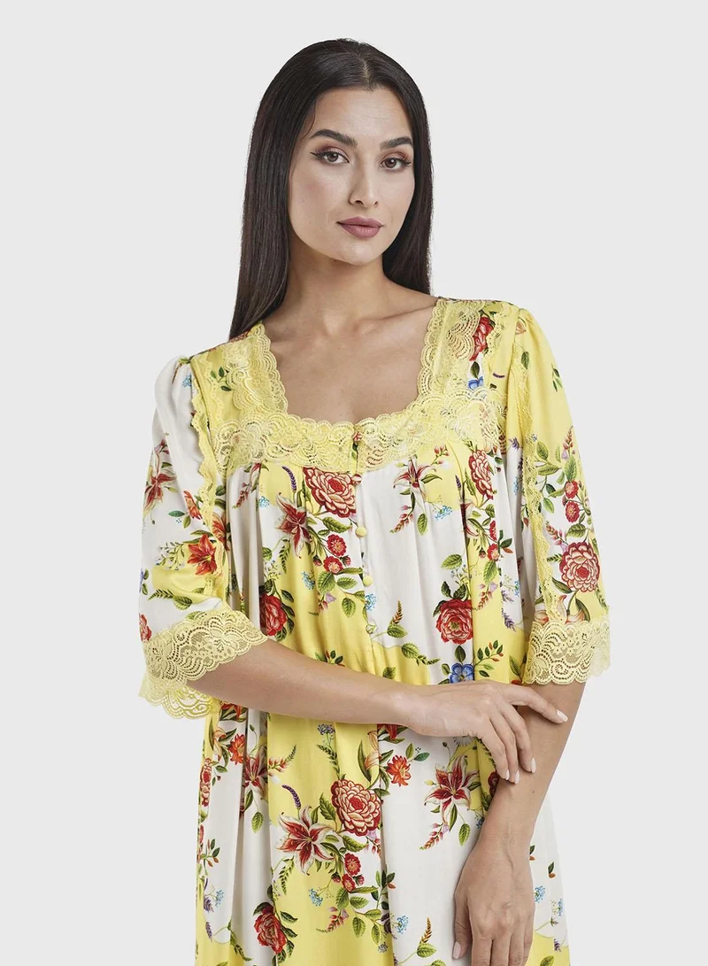 Kashkha Mango Colour Floral Print Viscose Nightwear Dress (CNH440)