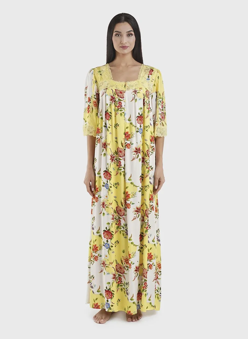 Kashkha Mango Colour Floral Print Viscose Nightwear Dress (CNH440)